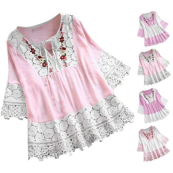 Fanxing Women Vintage Peasant Tops Plus Size Tie Front V Neck Shirts Boho Floral 3/4 Sleeve T-Shirt Flowy Blouse Lace Patchwork Tunic Tops Purple,XL