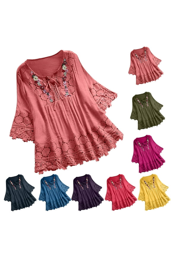 Women Vintage Peasant Tops Plus Size Tie Front V Neck Shirts Boho Floral 3/4 Sleeve T-Shirt Flowy Blouse Lace Patchwork Tunic Tops Purple,XXXXXL
