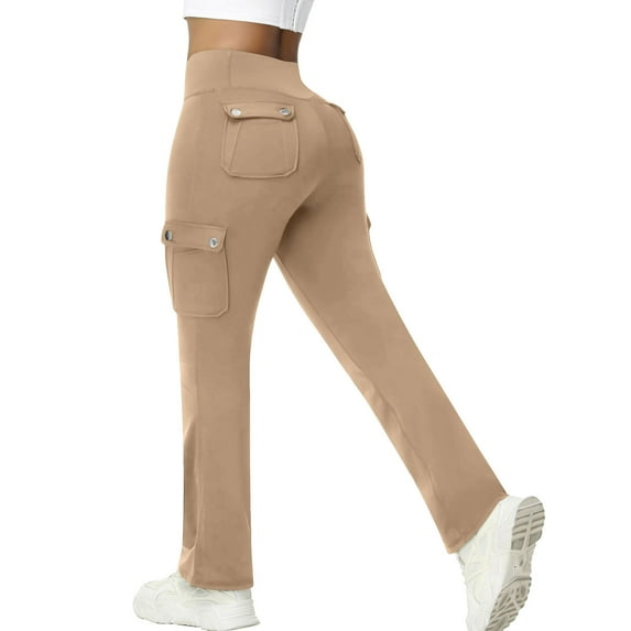 Fanxing Women Workout Flare Leggings with Pockets Hidden Scrunch High Waisted Cargo Bottoms Yoga No Front Seam Legging Khaki M