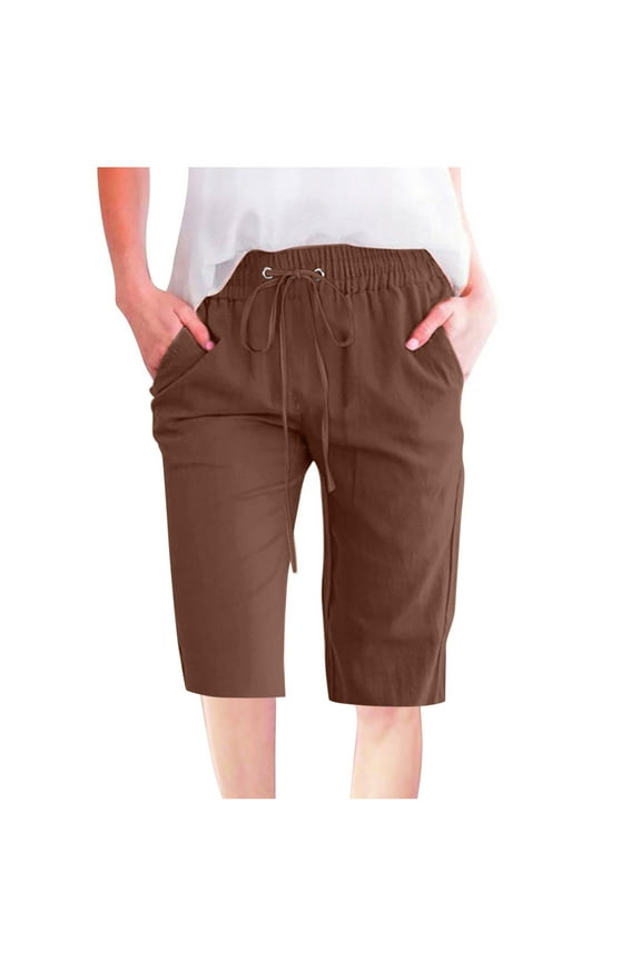Women's 15" Long Shorts Casual Linen Capris Summer Elastic Waist Hiking Cargo Shorts Lightweight Below The Knee Capri Cropped Pants with Pockets Brown,XL