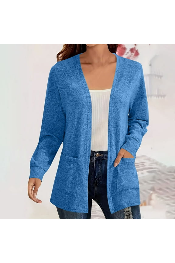 Women's 2025 Cardigan Sweater Plus Size Long Sleeve Knit Shurg Open Front Cozy Suit Jacket with Pocket Blue S
