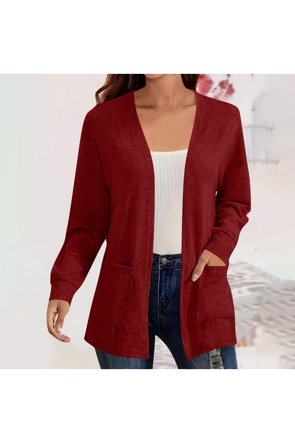 Women's 2025 Cardigan Sweater Plus Size Long Sleeve Knit Shurg Open Front Cozy Suit Jacket with Pocket Red M