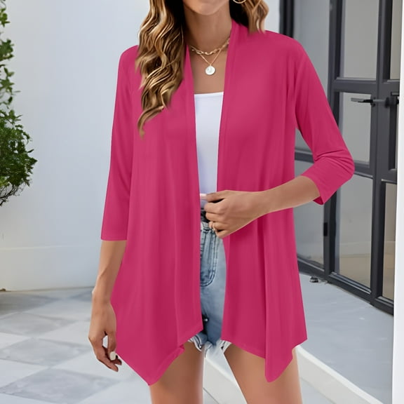 Fanxing Women's 3/4 Sleeve Cardigans Lightweight Open Front Drape Shrug Jackets Casual Thin Cover Ups Hot Pink XL