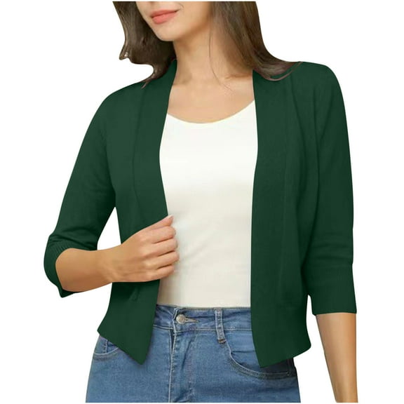 Fanxing Women's 3/4 Sleeve Cropped Cardigans Sweaters Jackets Open Front Short Shrugs for Dresses Green 2XL