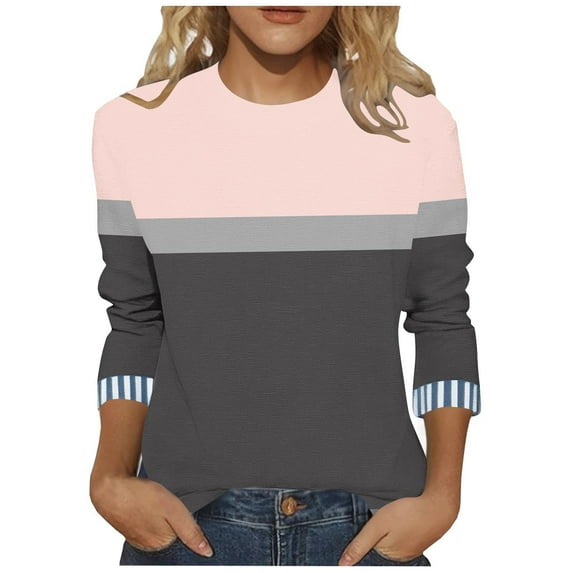 Fanxing Women's 3/4 Sleeve Tops Colorblock Loose Crew Neck Oversized T-Shirts Fall Trendy Casual Dressy Tunic Blouse Pink S