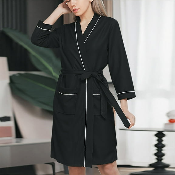 Fanxing Women's 3/4 Sleeve Waffle Robe, Lightweight Mid Length Kimono Bathrobe Spa Robe for Women Black XL