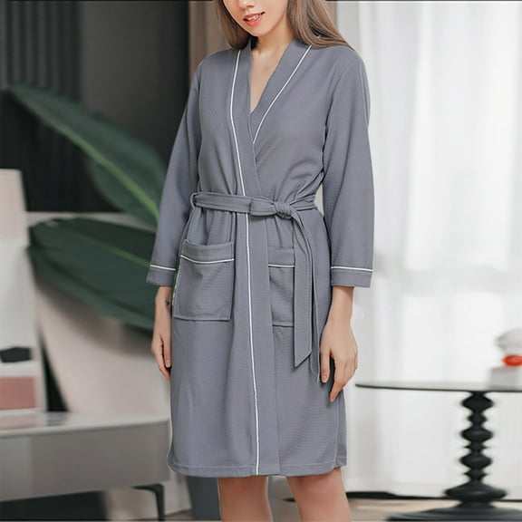 Fanxing Women's 3/4 Sleeve Waffle Robe, Lightweight Mid Length Kimono Bathrobe Spa Robe for Women Gray XL
