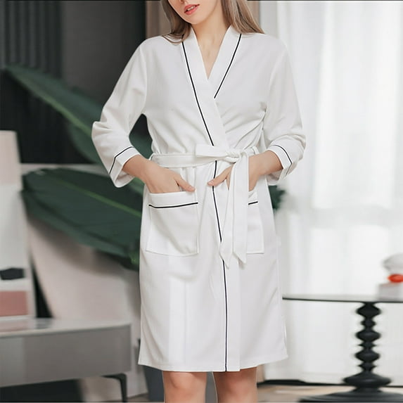 Fanxing Women's 3/4 Sleeve Waffle Robe, Lightweight Mid Length Kimono Bathrobe Spa Robe for Women White XL