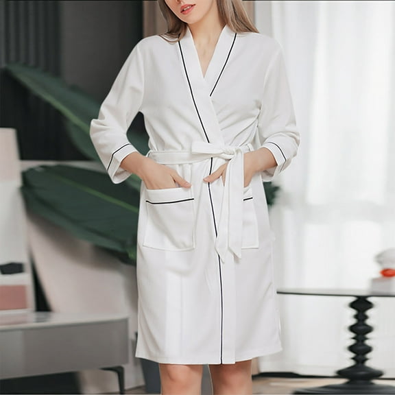 Fanxing Women's 3/4 Sleeve Waffle Robe, Lightweight Mid Length Kimono Bathrobe Spa Robe for Women White XL