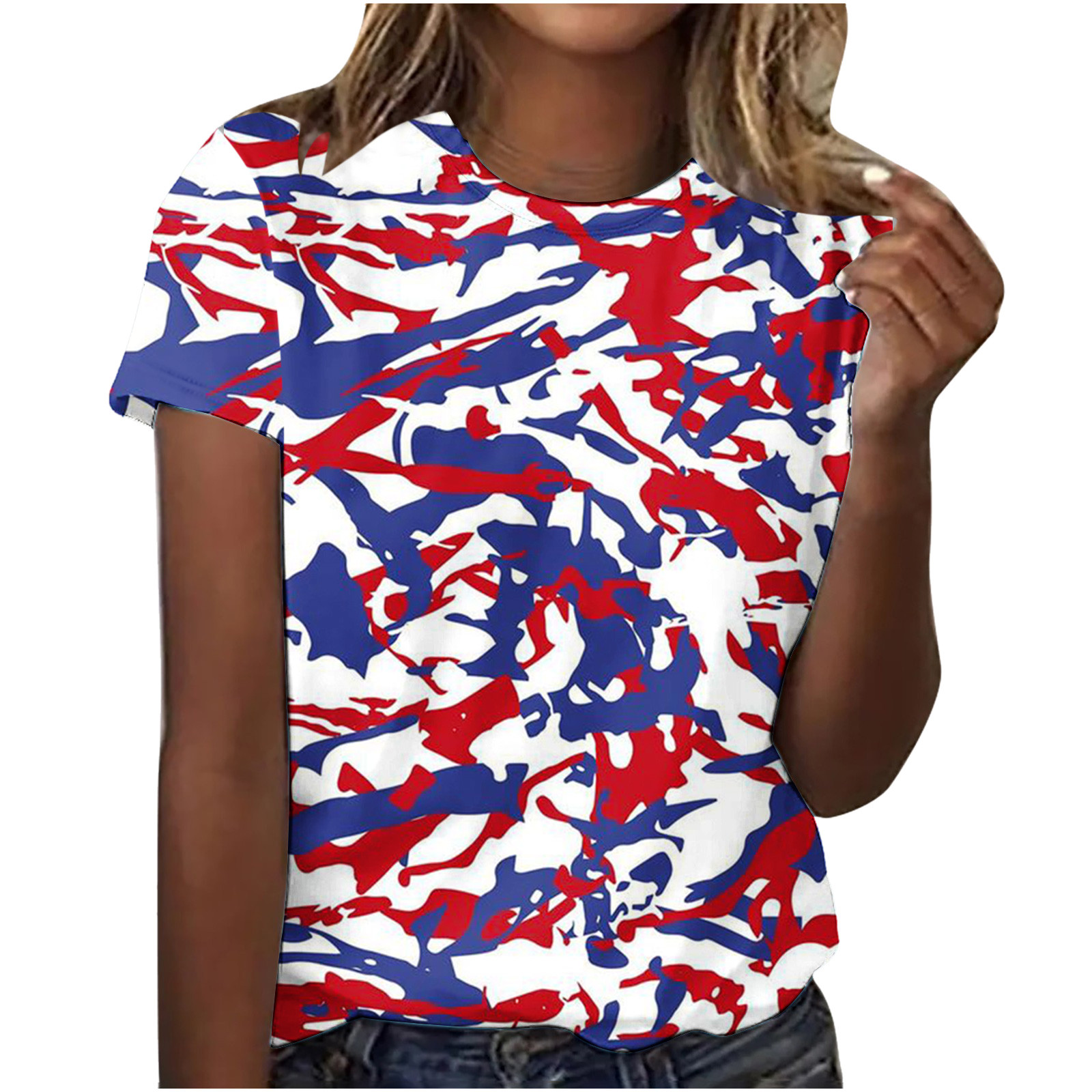 Fanxing Women's American Flag Tops Trendy Tie Dye Crewneck T Shirts