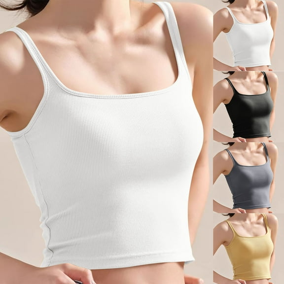 Fanxing Women's Basic Tank Tops with Built in Bra Camisole Tank Summer Sleeveless Tank Tops Basic Shirt White,M