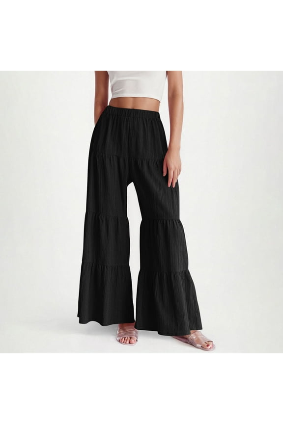 Women's Boho Wide Leg Pants Baggy Tiered Ruffle Hem Palazzo Pants Elastic High Waist Flowy Trousers Black S