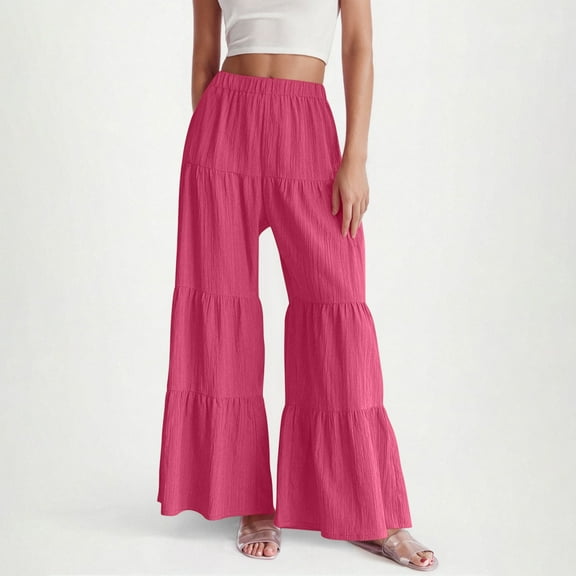 Fanxing Women's Boho Wide Leg Pants Baggy Tiered Ruffle Hem Palazzo Pants Elastic High Waist Flowy Trousers Hot Pink M