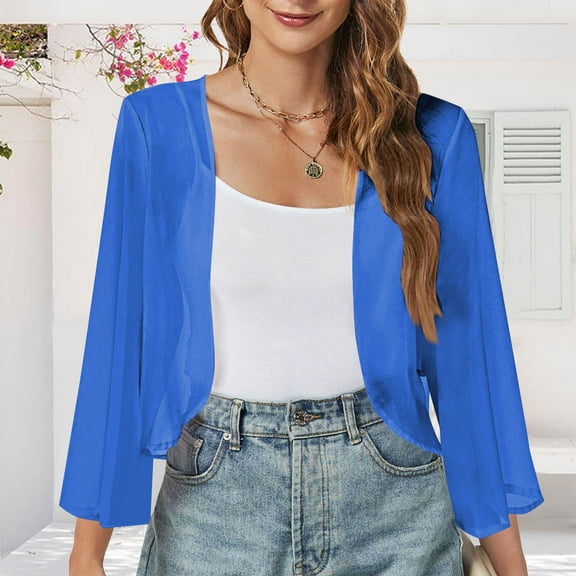 Fanxing Women's Bolero Shrugs Chiffon Open Front Sheer Dressy Cardigan Blue 2XL