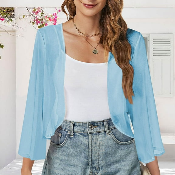 Fanxing Women's Bolero Shrugs Chiffon Open Front Sheer Dressy Cardigan Light Blue M