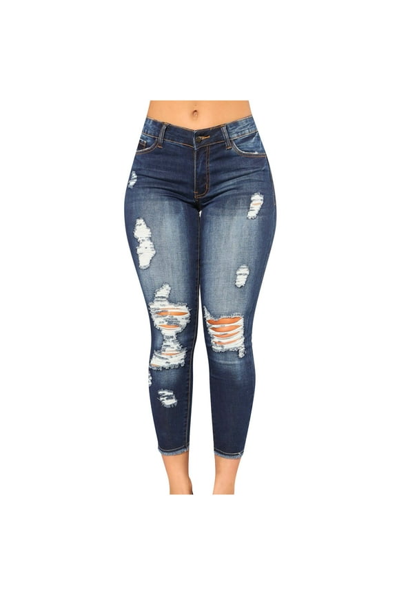 Women's Boyfriend Jeans Distressed Slim Fit Ripped Denim Pants Comfy Stretch Skinny Jeans Dark Blue,S