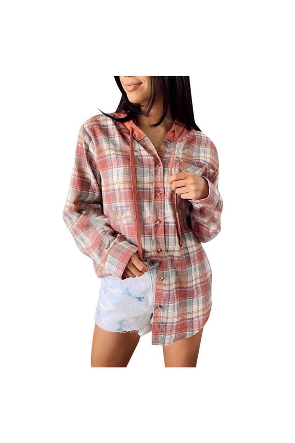 Women's Button Down Flannel Shirts Plaid Shacket Long Sleeve Collared Jacket Coats with Chest Pockets Red XL