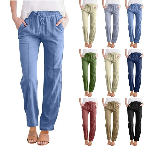 Fanxing Women's Casual Cotton Linen Baggy Pants Fit Elastic Waist Straight Leg Lounge Joggers Sweatpants with Pockets Beige,L