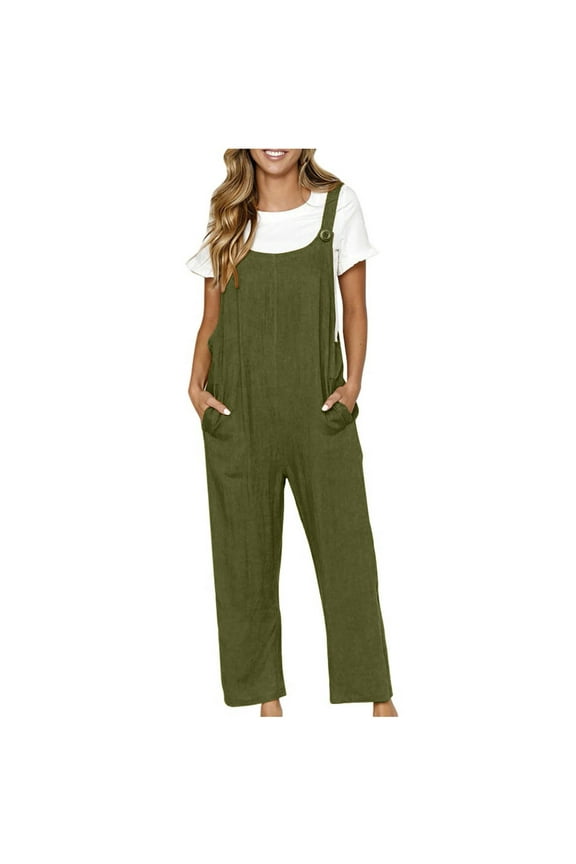 Women's Casual Cotton Linen Romper Pants Loose Wide Leg Baggy Jumpsuits with Pocket Jumpsuit Solid Comfort Playsuit Trousers Returns And Refunds My Orders Green,L Female
