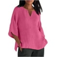 thumbnail image 1 of Fanxing Women's Casual Cotton Linen Shirts Lightweight 3/4 Sleeve Tops Plus Size Flowy Tunic Shirt Pullover Hot Pink,XXXXXL, 1 of 5