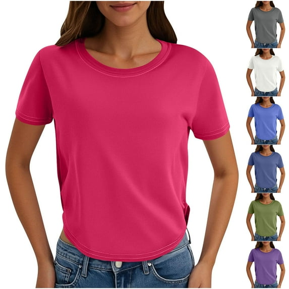 Fanxing Women's Casual Crop Tops Dressy Curvy Hem Going Out Tops Slim Fit Short Sleeve Crew Neck Tight T Shirts Blue,L