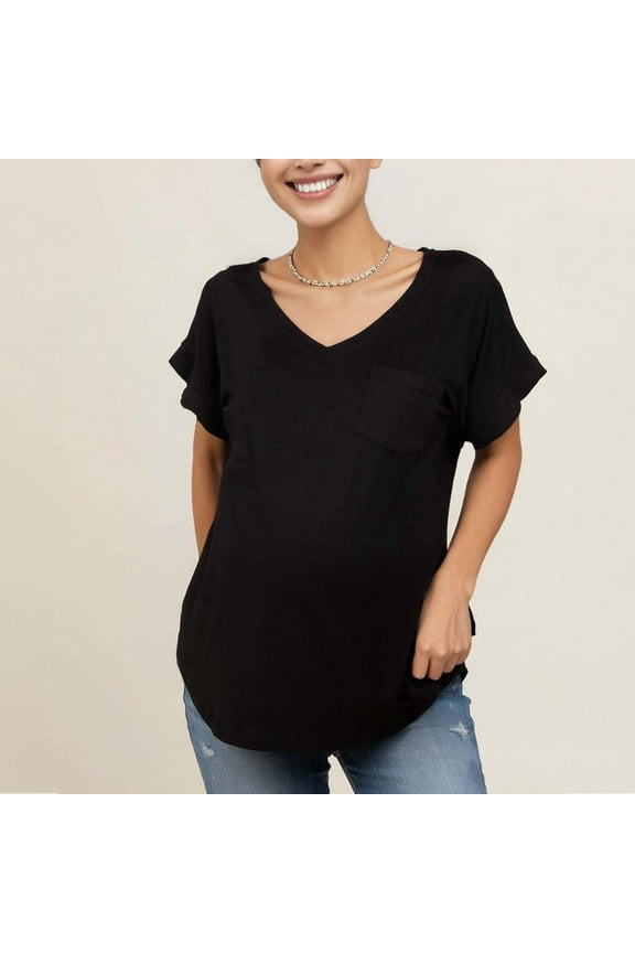 Women's Casual Maternity T-Shirts Short Sleeve V Neck Maternity Tops Pregnancy Curvy Hem Tshirts with Pocket Black,S
