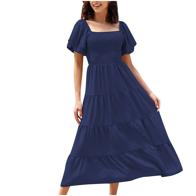 Fanxing Women's Casual Summer Midi Dress Puffy Short Sleeve Square Neck  Smocked Tiered Ruffle Dresses Pleated Tiered Swing A Line Boho Beach Dress  Navy,XL - Walmart.com