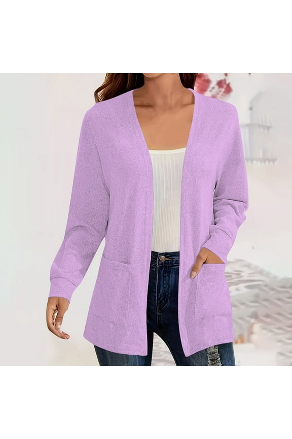 Women's Chic Knitted Cardigan Casual Open Front V Neck Oversized Sweater Shrug Fall Jacket with Pocket Purple 3XL