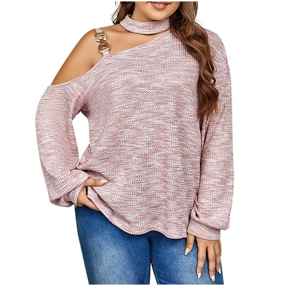 Fanxing Women's Cold Shoulder Sweaters,Plus Size Knitted Cozy Sweater Tops Casusal Long Sleeve Versatile Pullover Pink 2XL