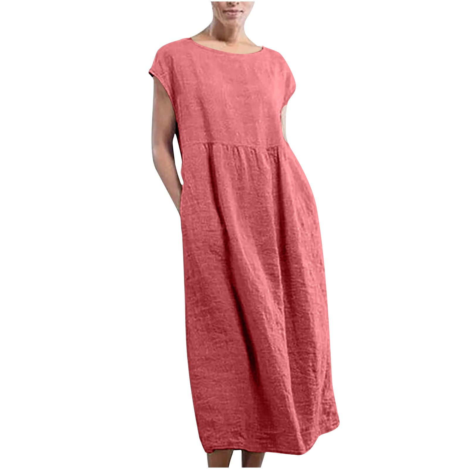 Fanxing Women's Cotton Linen Long Dresses Summer Cap Sleeve Fitted Dress  Loose Fit Maxi Dress Plus Size Boat Neck Dresses Red,XXL - Walmart.com