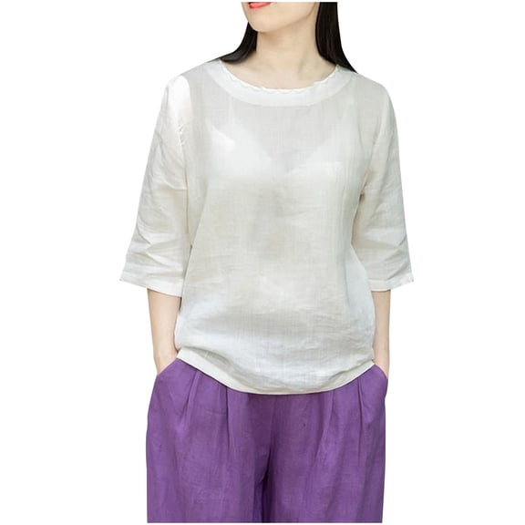 Fanxing Women's Cotton Summer Tops 3/4 Length Sleeve Womens Tops Loose Fitting Crewneck Tees Shirts White,M