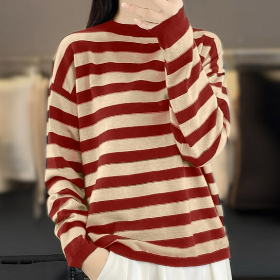 Fanxing Women's Crew Neck Pullover Sweater Casual Striped Soft Cozy Knit Tops Loose Fit Fall Winter Jumper Blouses Red L