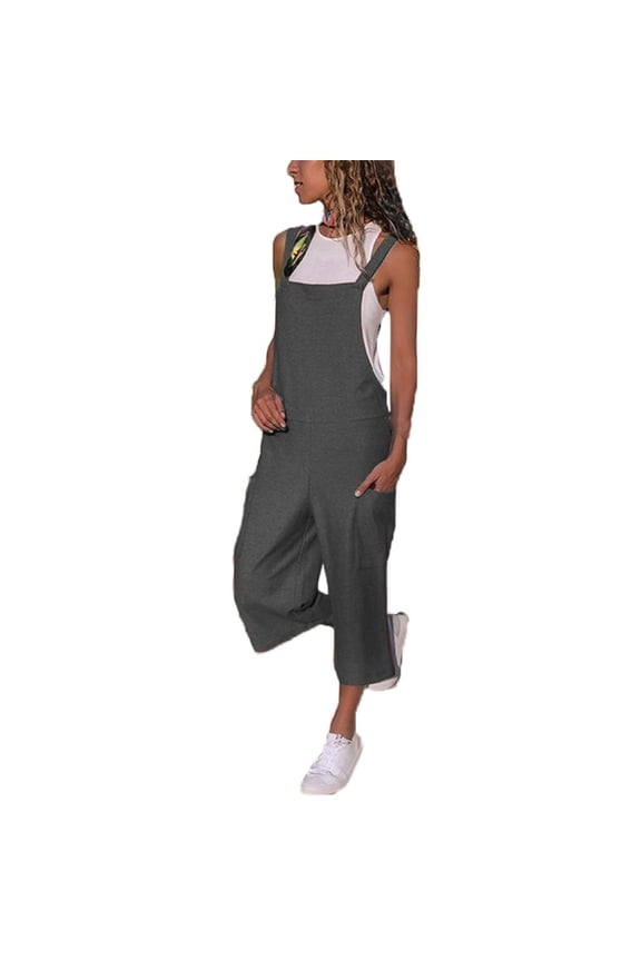 Women's Cropped Bib Overalls Plus Size Baggy Linen Jumpsuits Lightweight Wide Leg Romper 7/8th Bib Rompers with Pockets Dark Gray,XXXXL