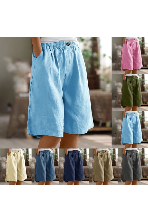 Women's Elastic Waist Knee Length Casual Cotton Linen Bermuda Shorts with Drawstring Oversized Beach Short Pants S-3XL