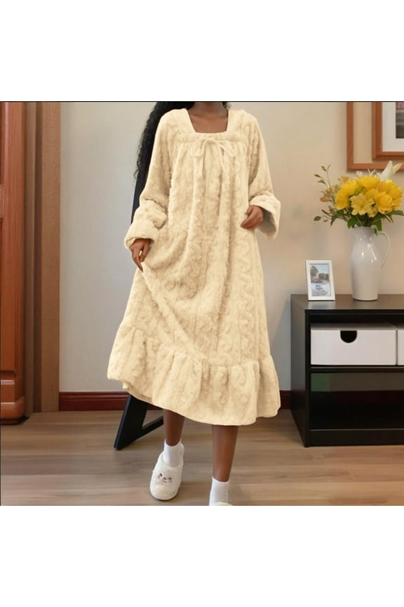 Women's Flannel Long Nightgown Fuzzy Fleece Cozy Plush Warm Winter Loungewear Ruffle Sleepdress Square Neck Nightdress Beige L