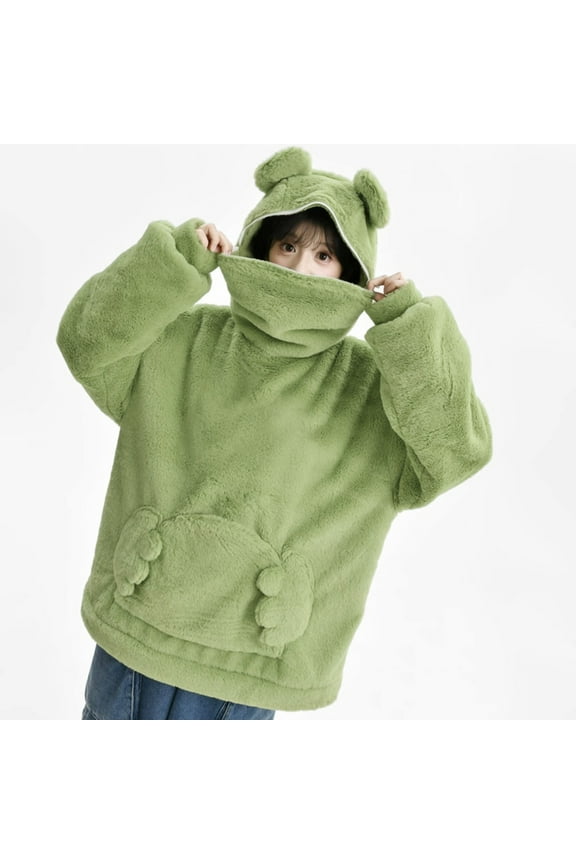 Women's Fleece Frog Hoodies Zipper Mouth Fuzzy Sherpa Hooded Pullover Sweatshirt Fall Winter Thick Thermal Tops Green M