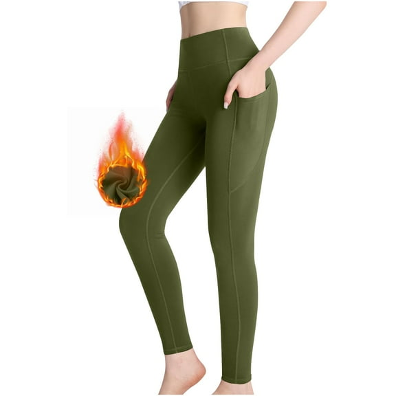 Fanxing Women's Fleece Lined Yoga Leggings with Two Side Pockets High Waist Stretch Sports Legging Pants Army Green M