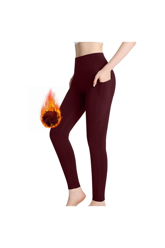 Women's Fleece Lined Yoga Leggings with Two Side Pockets High Waist Stretch Sports Legging Pants Red 2XL