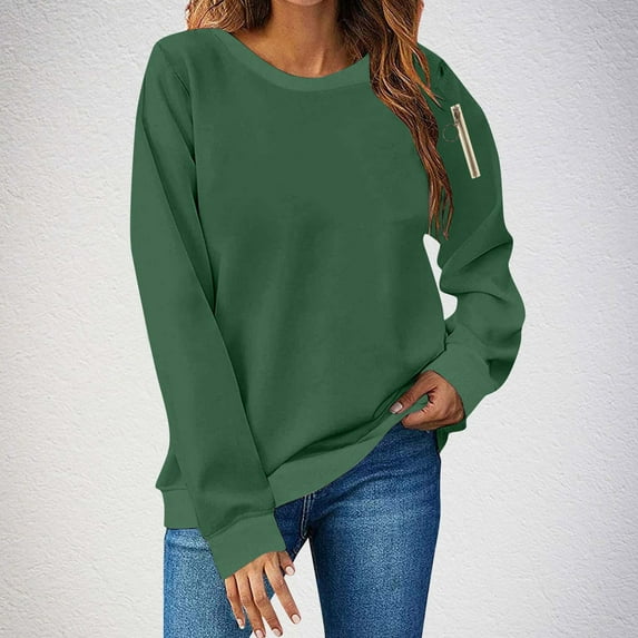 Fanxing Women's Fleece Sweatshirts Casual Crew Neck Pullover Fall Winter Hoodless Tunic Sweater Army Green S