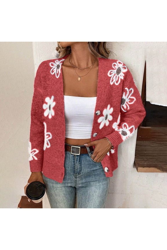 Women's Floral Print Cardigan Sweater Button Down V Neck Drop Shoulder Knit Outerwear Red S