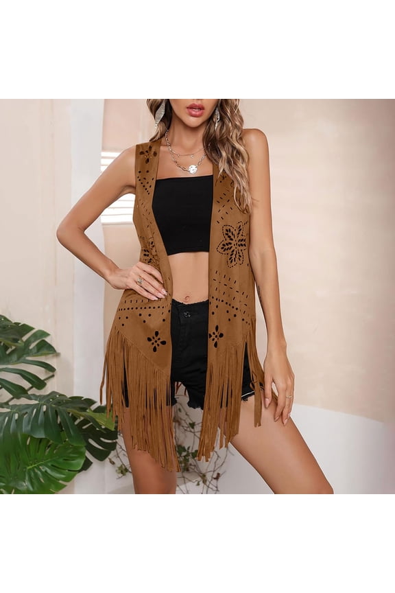 Women's Fringe Vest 60s 70s Hippie Vest Open Front Sleeveless Cardigan Cowgirl Western Faux Suede Hollow Out Tassel Jacket Coat Brown 2XL