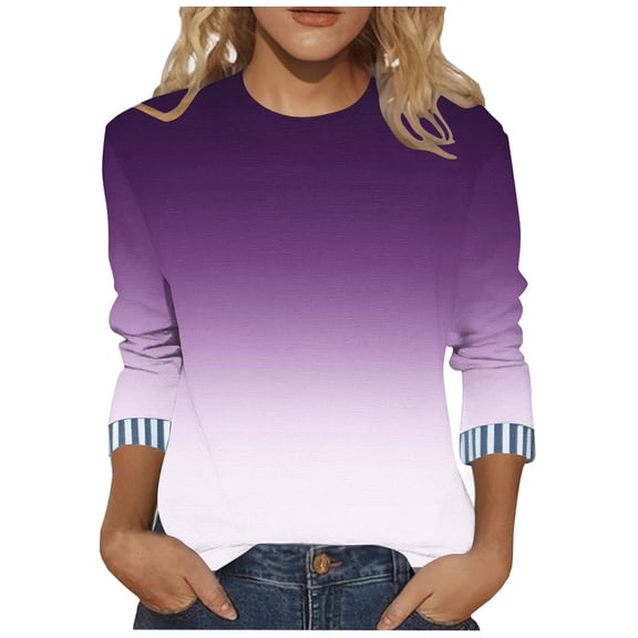 Fanxing Women's Gradient 3/4 Sleeve Tops Trendy Loose Crew Neck T-Shirts Fall Casual Overzied Pullover Basic Tees Blouse Purple S