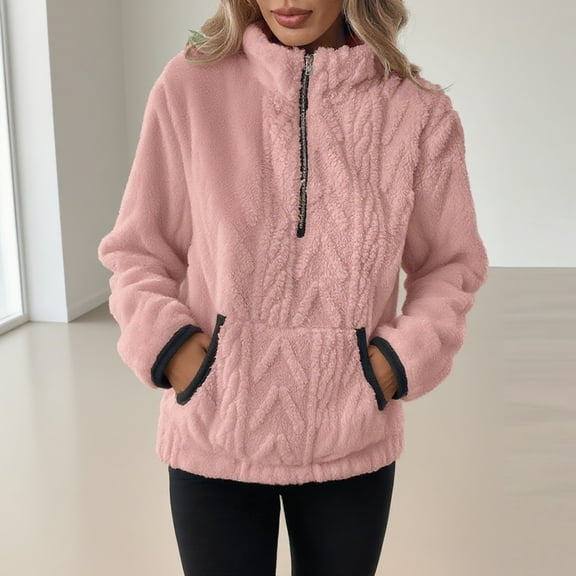 Fanxing Women's Half Zip Fuzzy Pullover Sherpa Fleece Lined Sweatshirts Winter Thermal Warm Tops Outwear 2025 with Pocket Pink 2XL