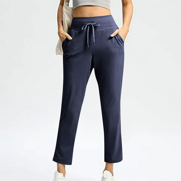 Fanxing Women's High Rise Yoga Pants Strechy Drawstring Capri Leggings Casual Soft Comfy Active Slacks Trousers with Pocket Navy 2XL