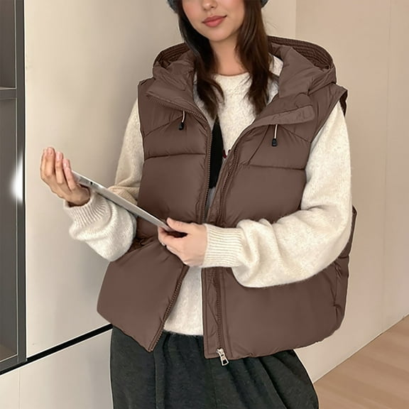 Fanxing Women's Hooded Puffer Vest Sleeveless Padded Cropped Jacket Fall Winter Gilet Coat with Pockets Coffee XL