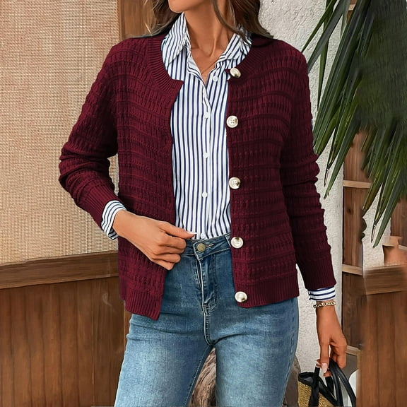 Fanxing Women's Knit Cropped Cardigan Sweater Open Front Crew Neck Button Down 2025 Fall Jackets Wine XL