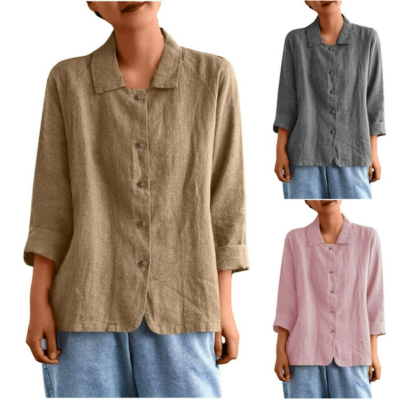 Fanxing Women's Linen Button Down Shirts Short Sleeve V Neck Tshirts Light Weight Plain Blouses Loose Fitting Summer Tops M-2XL