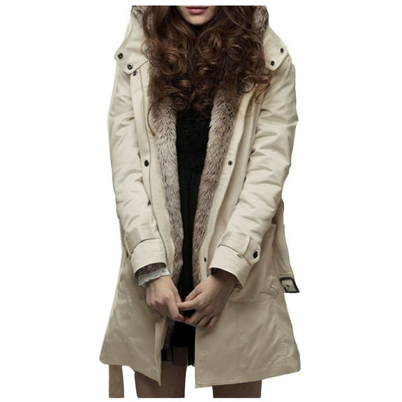 Fanxing Women's Long Jacket Hooded Overcoat Fleece Lined Trench Coat with Belt for Women Faux Liner Windbreaker Long Anorak Jackets Coats Fall S,M,L,XL,XXL,XXXL