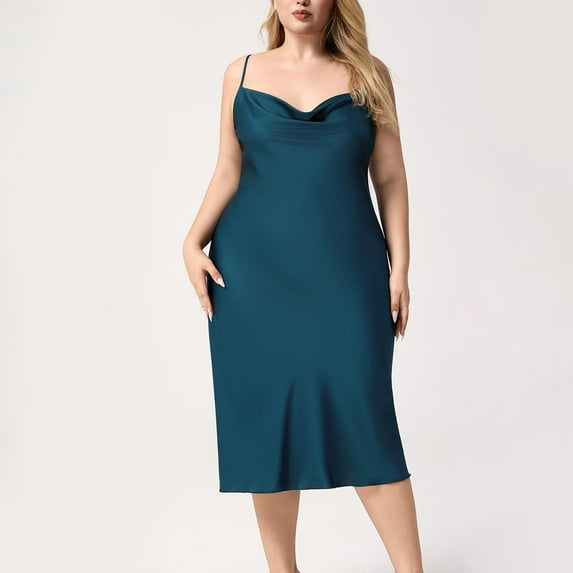 Fanxing Women's Long Satin Nightgowns Plus Size Cami Lingerie Silk Slip Nightdress Soft Comfy Pajama Dress Blue 4XL