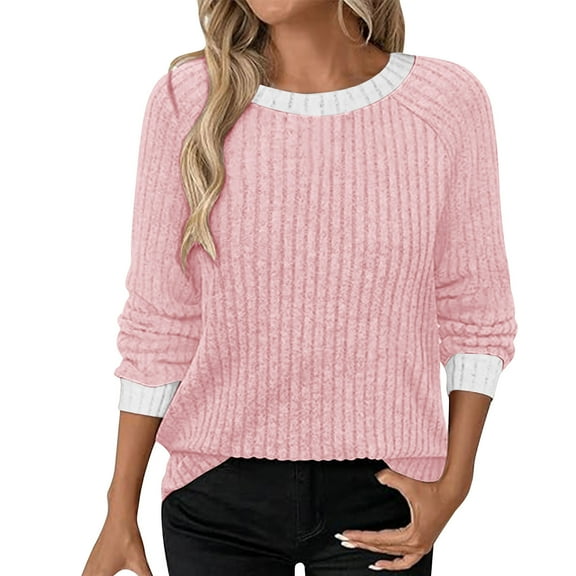 Fanxing Women's Long Sleeve Pullover Sweater Fall Fashion Color Block Crew Neck Knit Tops Casual Dressy Ribbed Lightweight Jumper Pink L